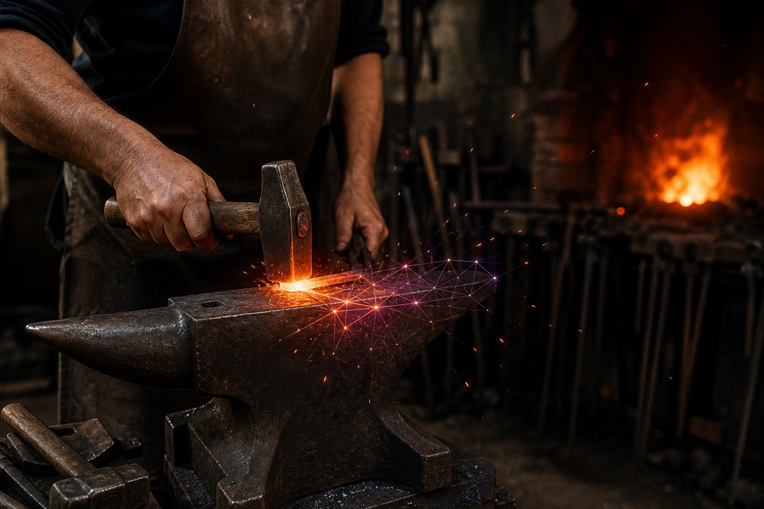 A blacksmith strikes a piece of steel while the sparks form a digital network.