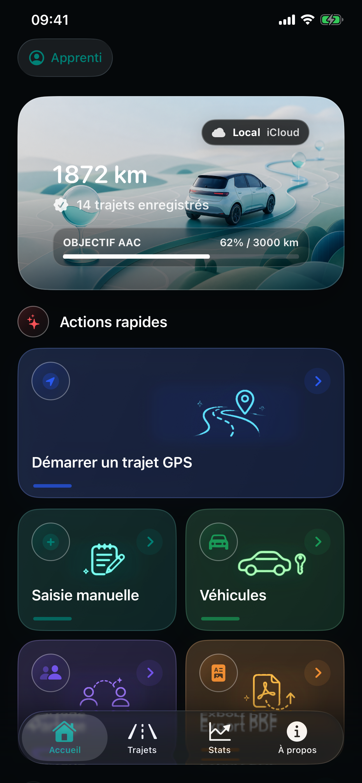 Accueil de Carnet AAC avec kilomètres, actions rapides et derniers trajets.