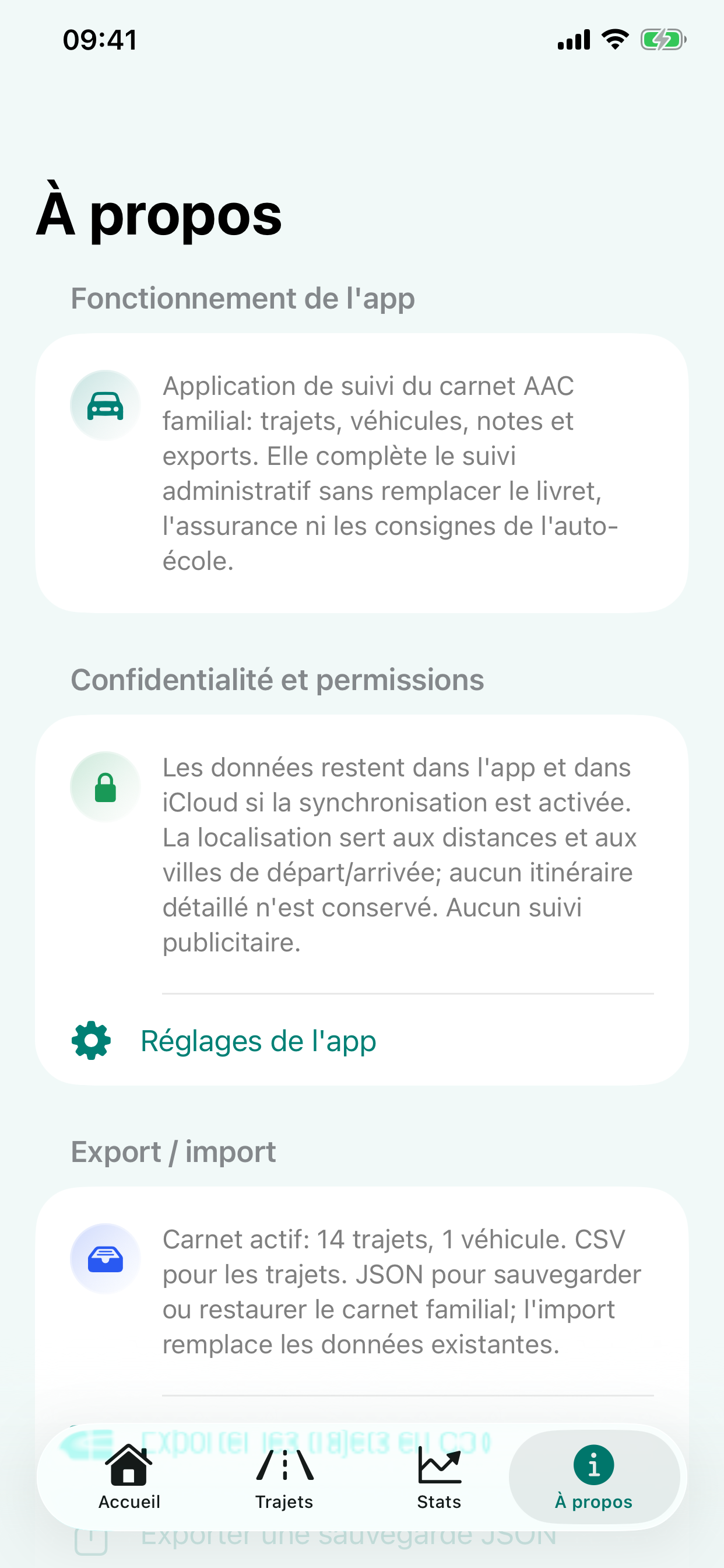 Écran de confidentialité et mentions de l’application.