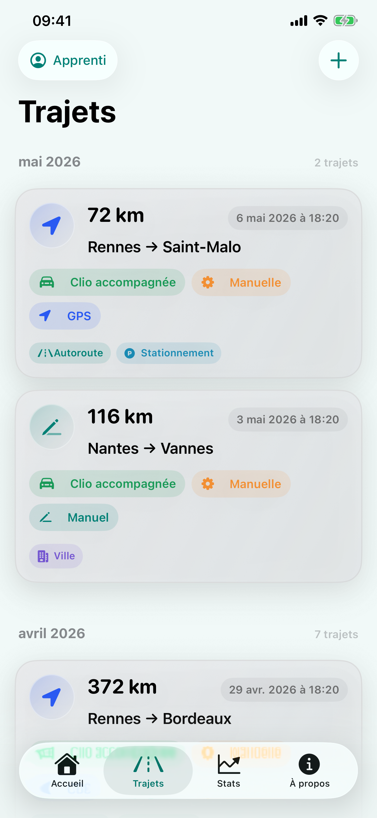 Liste des trajets regroupés par mois dans Carnet AAC.
